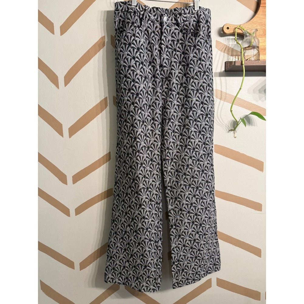 Siedres Seb Trousers Women Large Silver Black Jacquard Fan Print Wide Leg Pants
